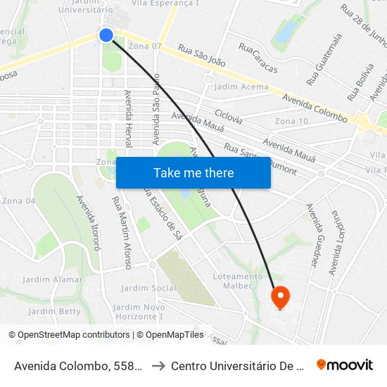 Avenida Colombo, 5589-5701 to Centro Universitário De Maringá map