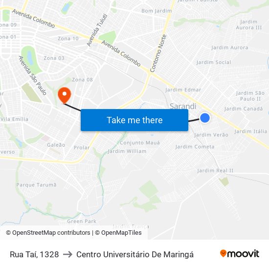 Rua Taí, 1328 to Centro Universitário De Maringá map