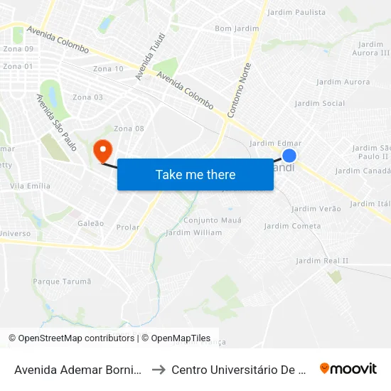 Avenida Ademar Bornia, 1713 to Centro Universitário De Maringá map