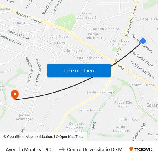 Avenida Montreal, 906-960 to Centro Universitário De Maringá map