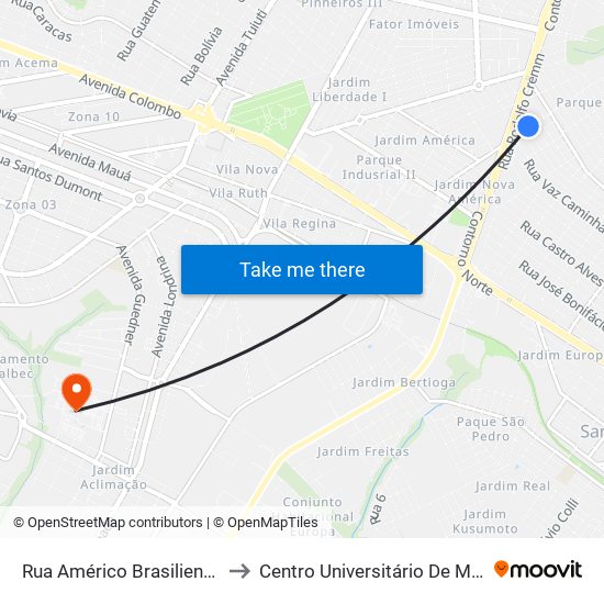 Rua Américo Brasiliense, 11 to Centro Universitário De Maringá map