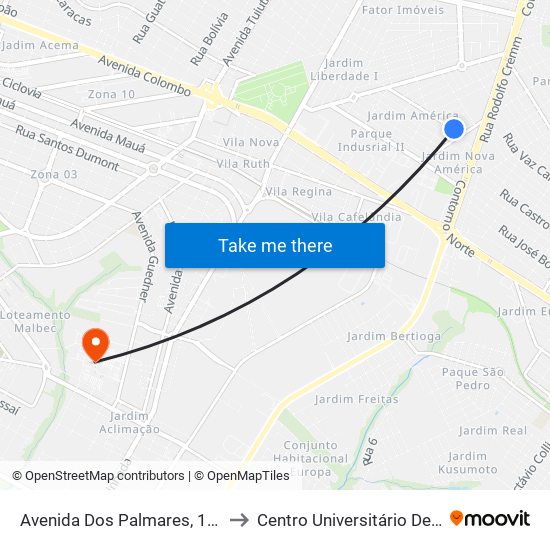 Avenida Dos Palmares, 1263-1307 to Centro Universitário De Maringá map