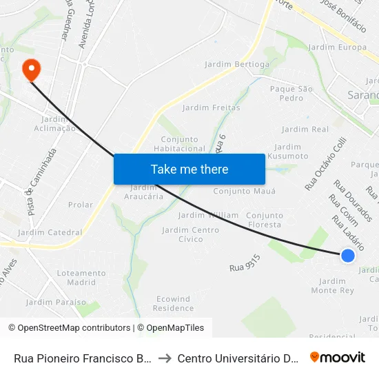 Rua Pioneiro Francisco Brogio, 495 to Centro Universitário De Maringá map