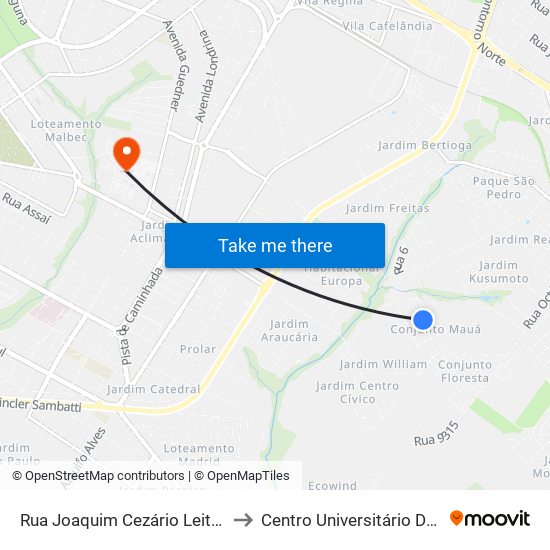 Rua Joaquim Cezário Leite, 305-315 to Centro Universitário De Maringá map