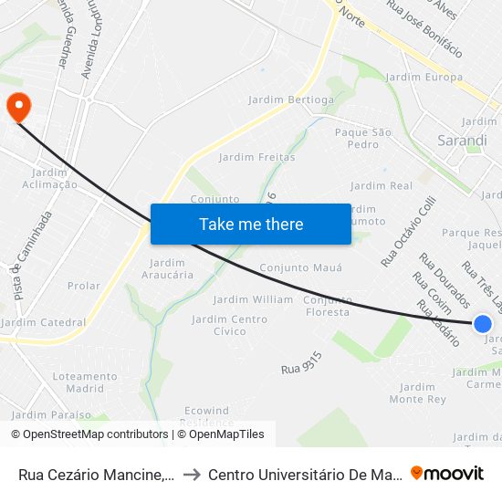 Rua Cezário Mancine, 305 to Centro Universitário De Maringá map