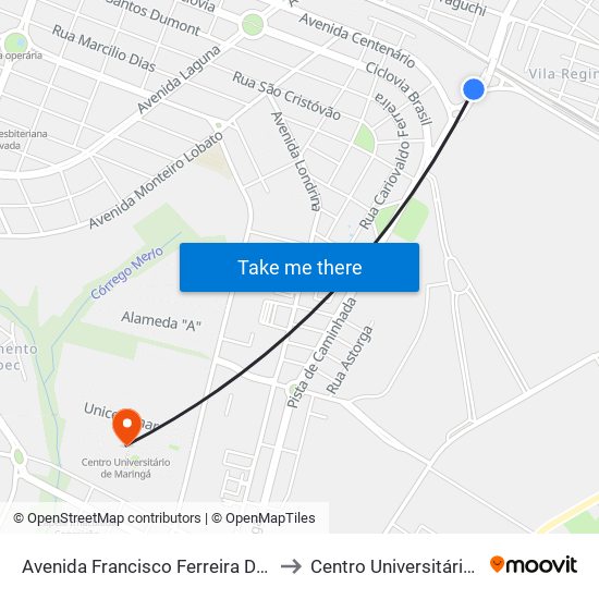 Avenida Francisco Ferreira De Miranda, 64-186 to Centro Universitário De Maringá map