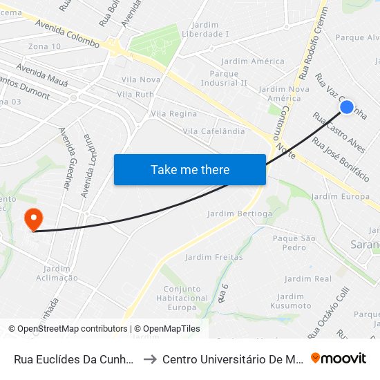 Rua Euclídes Da Cunha, 385 to Centro Universitário De Maringá map