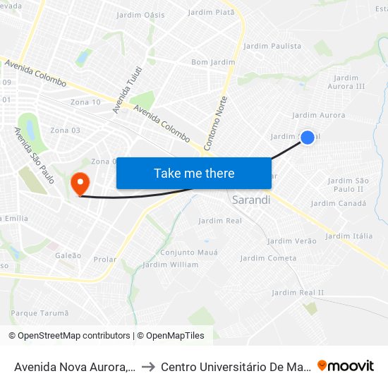 Avenida Nova Aurora, 375 to Centro Universitário De Maringá map