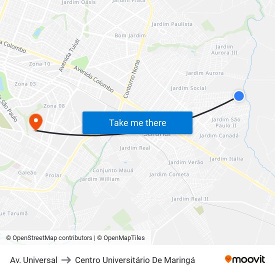 Av. Universal to Centro Universitário De Maringá map