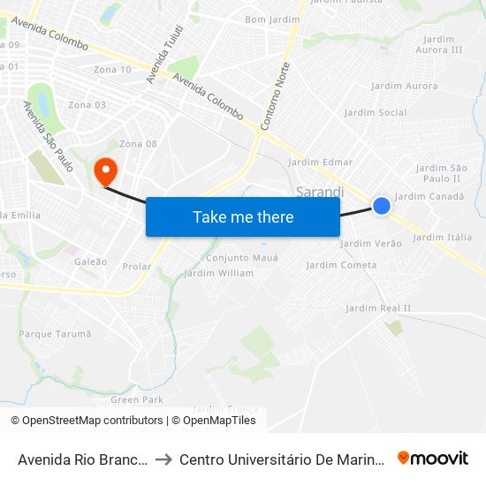 Avenida Rio Branco, to Centro Universitário De Maringá map