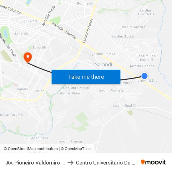 Av. Pioneiro Valdomiro Médici to Centro Universitário De Maringá map