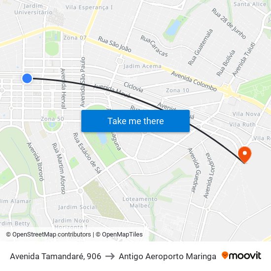 Avenida Tamandaré, 906 to Antigo Aeroporto Maringa map