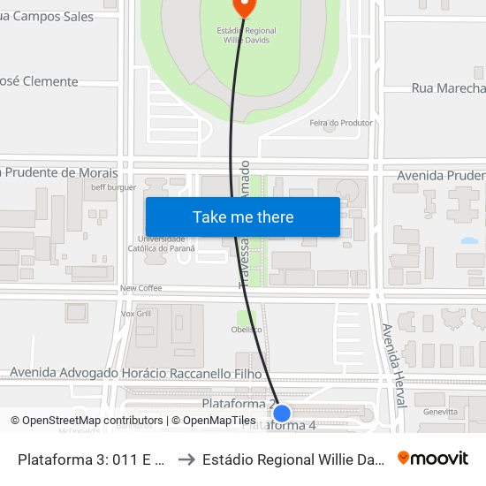 Plataforma 3: 011 E 138 to Estádio Regional Willie Davids map