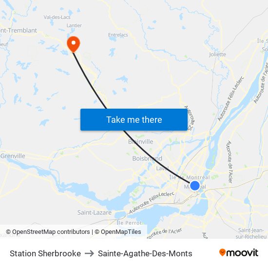 Station Sherbrooke to Sainte-Agathe-Des-Monts map