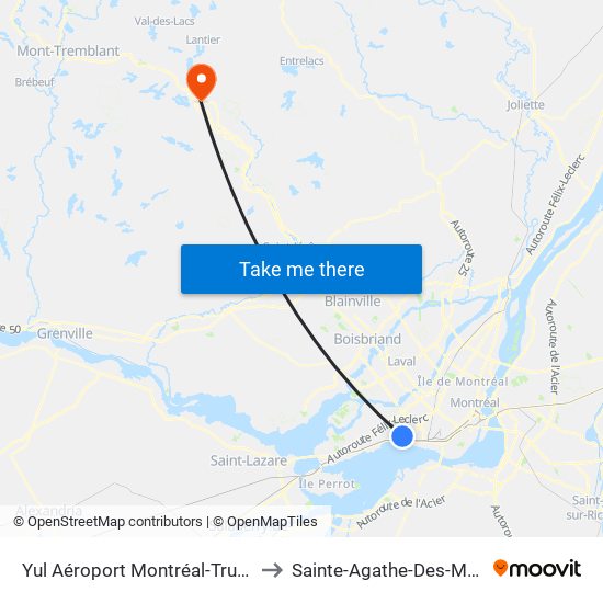 Yul Aéroport Montréal-Trudeau to Sainte-Agathe-Des-Monts map