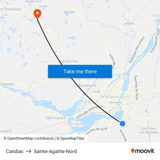 Candiac to Sainte-Agathe-Nord map