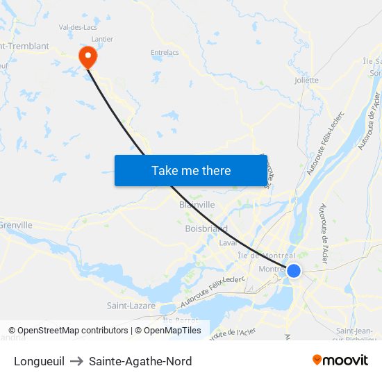 Longueuil to Sainte-Agathe-Nord map