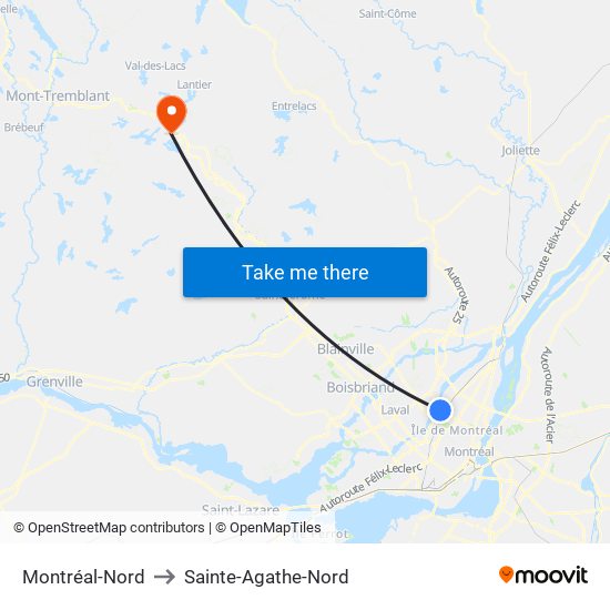 Montréal-Nord to Sainte-Agathe-Nord map