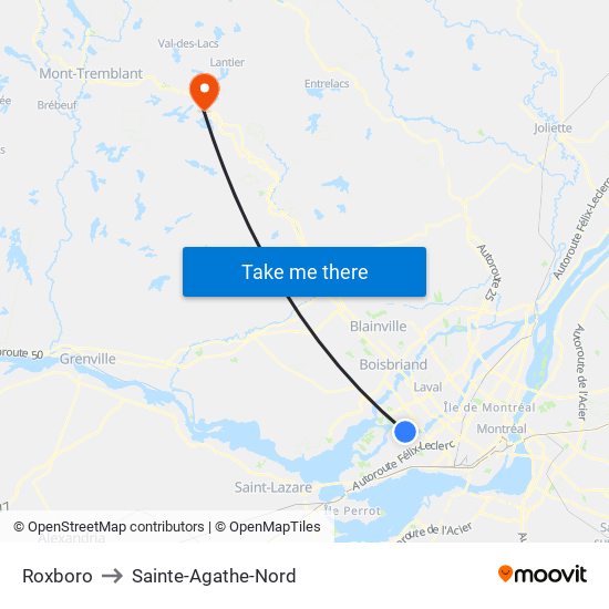 Roxboro to Sainte-Agathe-Nord map