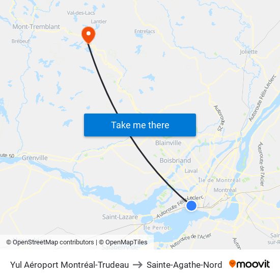 Yul Aéroport Montréal-Trudeau to Sainte-Agathe-Nord map