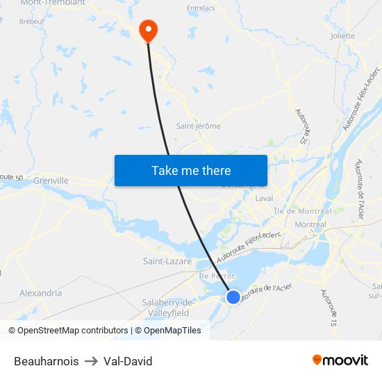 Beauharnois to Val-David map