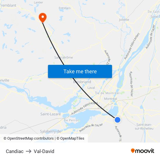 Candiac to Val-David map