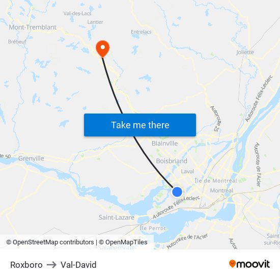 Roxboro to Val-David map