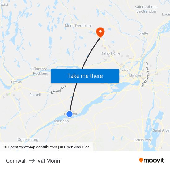 Cornwall to Val-Morin map