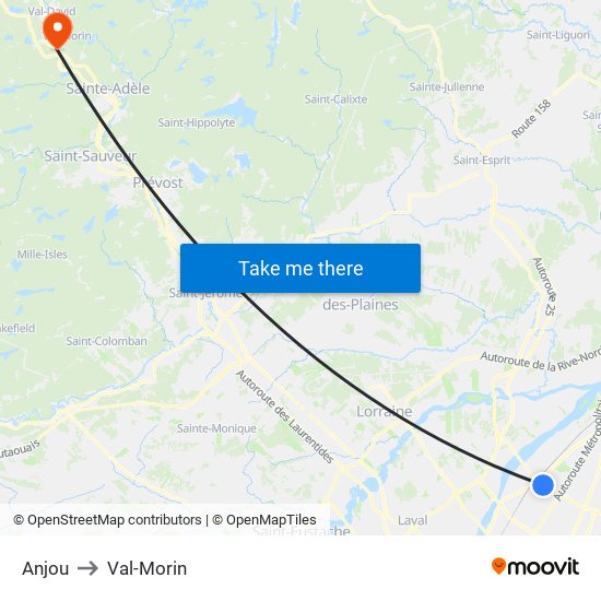 Anjou to Val-Morin map