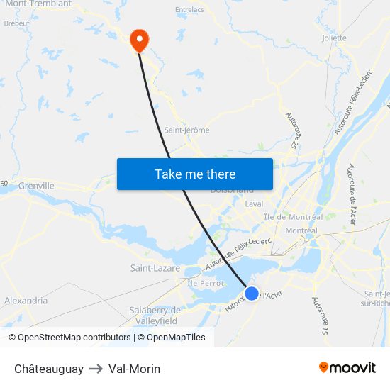 Châteauguay to Val-Morin map