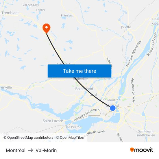 Montréal to Val-Morin map