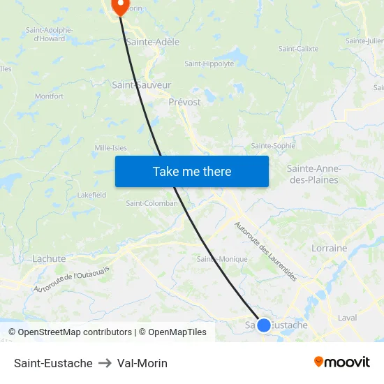 Saint-Eustache to Val-Morin map