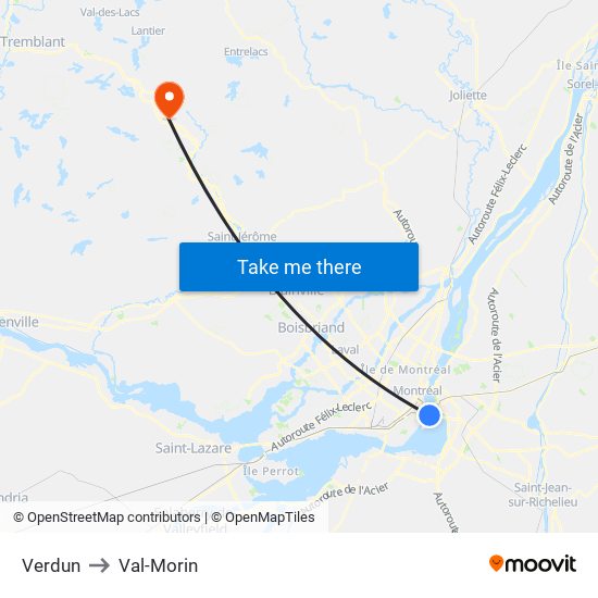 Verdun to Val-Morin map