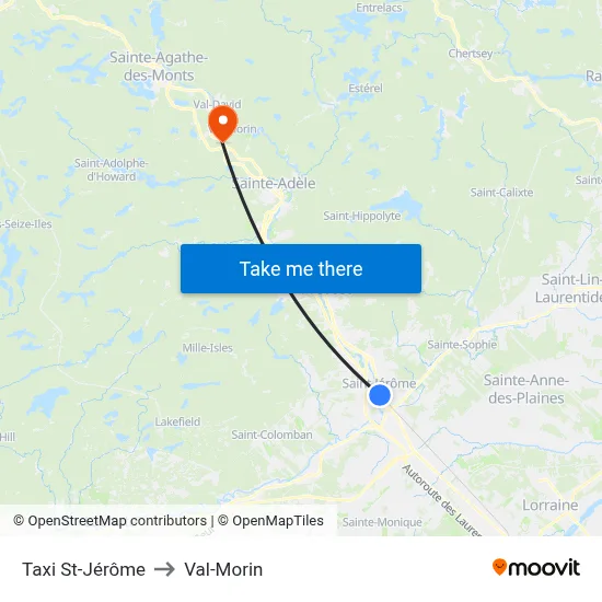 Taxi St-Jérôme to Val-Morin map