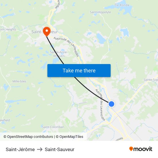 Saint-Jérôme to Saint-Sauveur map