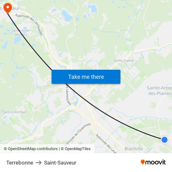 Terrebonne to Saint-Sauveur map