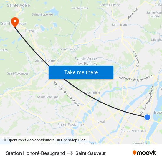 Station Honoré-Beaugrand to Saint-Sauveur map