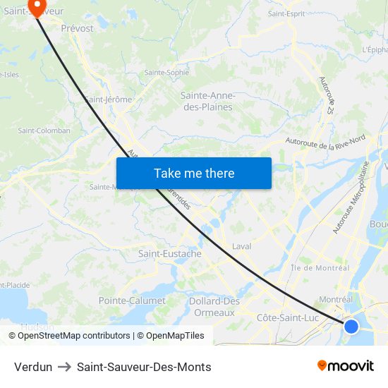 Verdun to Saint-Sauveur-Des-Monts map