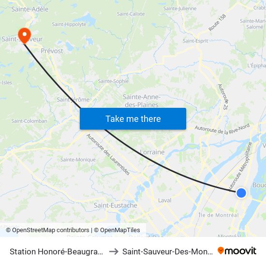 Station Honoré-Beaugrand to Saint-Sauveur-Des-Monts map