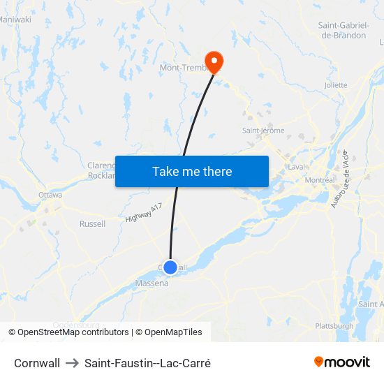 Cornwall to Saint-Faustin--Lac-Carré map