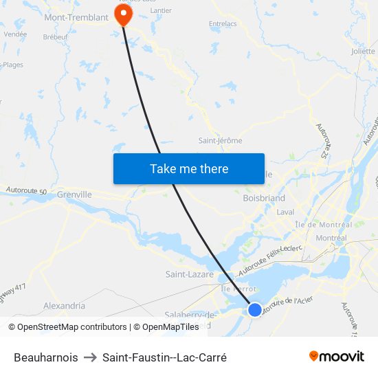 Beauharnois to Saint-Faustin--Lac-Carré map