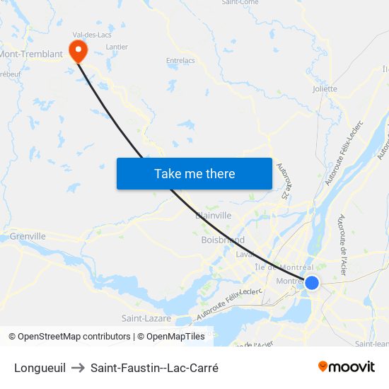 Longueuil to Saint-Faustin--Lac-Carré map