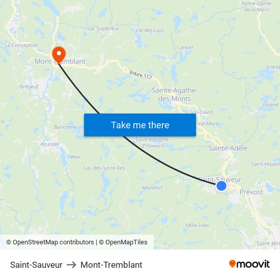 Saint-Sauveur to Mont-Tremblant map