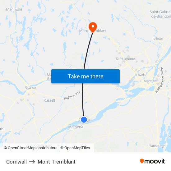 Cornwall to Mont-Tremblant map