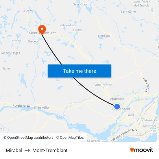 Mirabel to Mont-Tremblant map