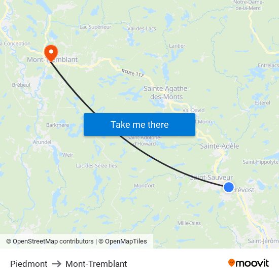 Piedmont to Mont-Tremblant map