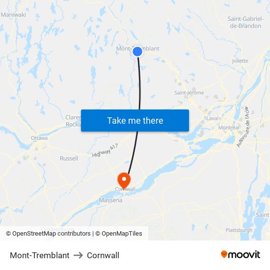 Mont-Tremblant to Cornwall map