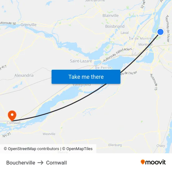 Boucherville to Cornwall map