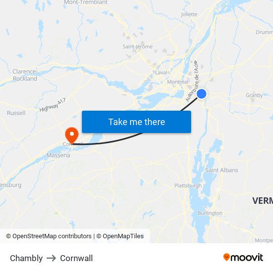 Chambly to Cornwall map