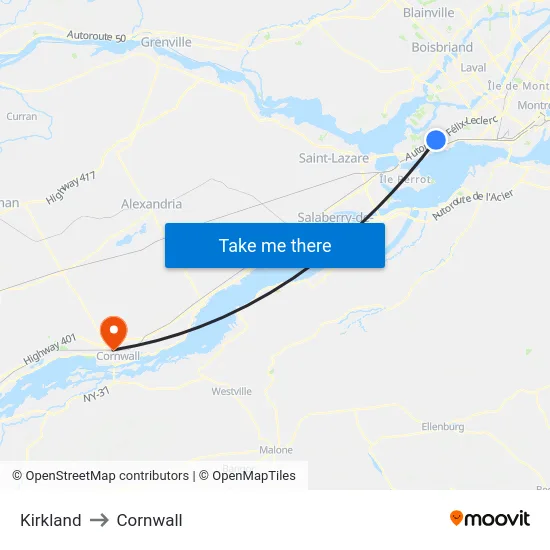 Kirkland to Cornwall map
